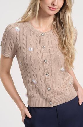 Isaac Mizrahi New York Embellished Cable Stitch Cardigan in Beige/White at Nordstrom, Size X-Large