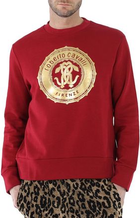 Roberto Cavalli Carmine Foil Mirror Snake Logo Cotton Sweatshirt, Size X-Large