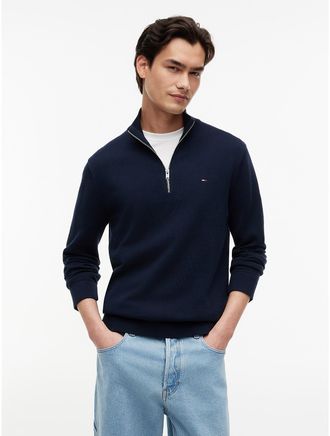 Tommy Hilfiger Mens Tommy Jeans Slim Fit Quarter-Zip Sweater - Dark Blue - L