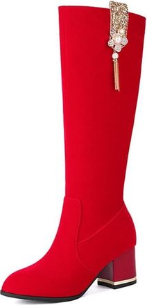 Generic Womens Fashion Faux Suede Knee High Wide Calf Round Toe Block Heel Stretch Winter Motorcycle Shoes with Side Zipper (Red,7.5)