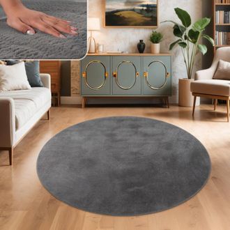 Paco Home Paco Home - Alfombra Para Sal&oacute;n En Falsa Piel Peluche Pelo Largo Suave Disponible En Varios Colores Antracita, &Oslash; 200 Cm Redon