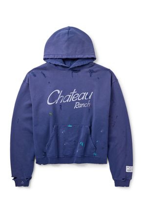 Gallery Dept. Chateau Ranch Distressed Paint-Splattered Logo-Print Supima Cotton-Jersey Hoodie