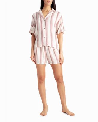 Nicole Miller Woven Shirt And Short Two-Piece Sleepwear Set In Dune Textured Block Stripe