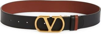 Valentino Garavani VLOGO Signature Reversible Leather Belt in Black/Camel at Nordstrom, Size 70