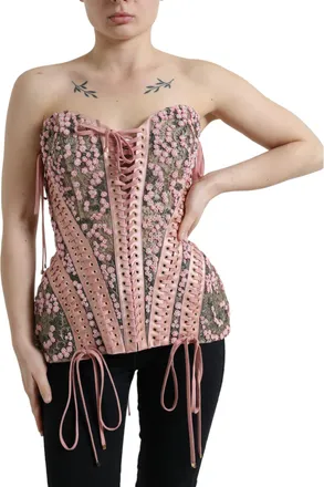 Dolce & Gabbana Pink Floral Applique Bustier Corset Womens Top