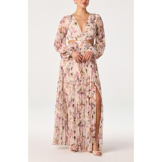 ASTR the Label Revery Floral Pleated Cutout Long Sleeve Maxi Dress in Yellow Pink Floral at Nordstrom Rack, Size X-Small