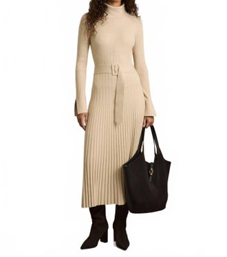 Reiss Ribbed Roll Neck Belted Midi Dress In Nuetral
