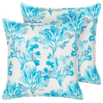Beliani Beliani - Conjunto De 2 Cojines Algod&oacute;n Cuadrado Textura Coral Marino Relleno Poli&eacute;ster Blanco Y Azul Rockweed