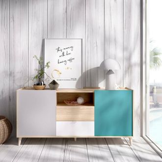 Dmora Aparador Rainier, Buffet De Sal&oacute;n, Aparador De Sal&oacute;n Moderno Con 2 Puertas, 155x43h75 Cm, Blanco Y Roble - Dmora