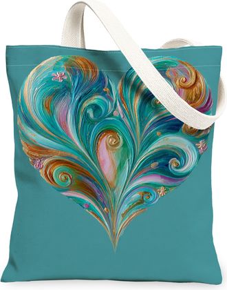 Generic Artistic Heart Canvas Tote Bags, Colorful Swirl Design Reusable Grocery Bags, Vintage Lightweight Washable Shoulder Strap C, Teal, 13x15 Inch