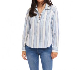 Karen Kane Long Sleeve Eyelet Lace Up Top - Petite In Stripe