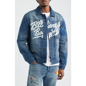 Billionaire Boys Club Script Logo Distressed Denim Trucker Jacket in Astra at Nordstrom, Size Xx-Large
