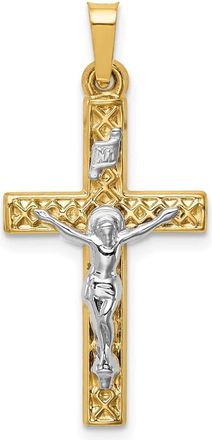 Diamond2Deal 14k Two-tone Gold Polished Lattice Textured INRI Crucifix Pendant