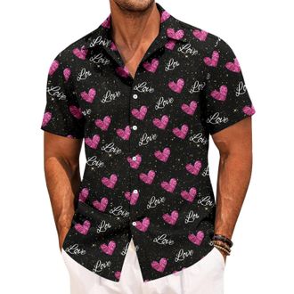 Generic Valentine Day Shirt for Men,Striped Heart Print - Button Down Short Sleeve Tropical Shirt Trendy Tops,for Party L Love Love