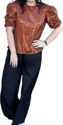 Entro Sequin Puff Sleeve Top In Rust