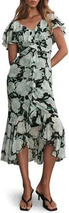 Mint Velvet Floral Print Ruffle Maxi Dress in Green at Nordstrom, Size 14