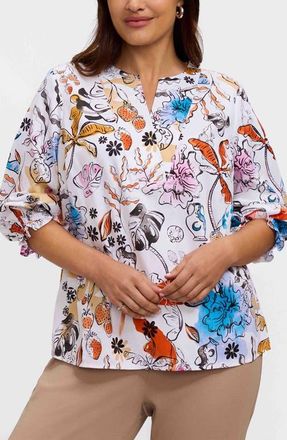 Foxcroft Alicia Floral Cotton Popover Top in Orange Multi at Nordstrom, Size 2 X