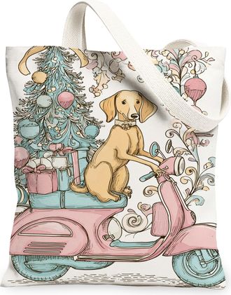Generic Christmas Dog Canvas Tote Bags, Holiday Animal Design Reusable Shopping Bags, Lightweight Washable Shoulder Strap Canvas Fo, Beige, 13x15 Inch