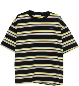 Marni Tops, Heren, Veelkleurig, M, Katoen, Gestreemd T-shirt met logoprint van katoen