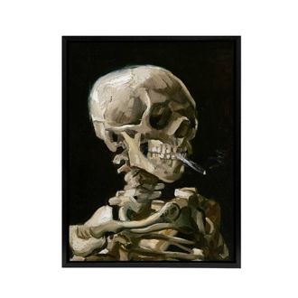Artery8 Skeleton with Burning Cigarette Van Gogh Framed Canvas Wall Art in Black | Size: W24 x H32