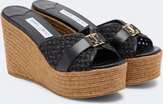 Jimmy Choo London Leda leather-trimmed raffia wedge mules