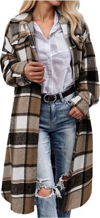 Generic Plaid cardigans for women uk Long Flannel Open Front Cardigans with Pockets Lapel Button Down Trench Coats Long Sleeve Plaid cardigan Coat