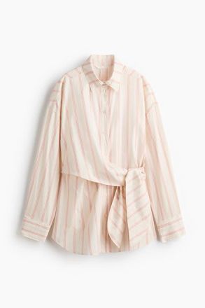 H&M Tie-detail Cotton Shirt in Light Beige/striped at Nordstrom, Size X-Small