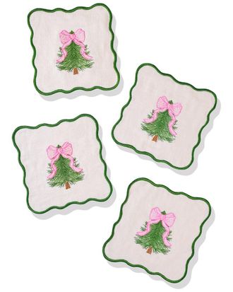 Tiramisu Set Of 4 Pink Bow Evergreen Embroidered Cocktail Napkins