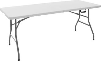 ML Design Mesa De Camping Plegable De Pl&aacute;stico Y Patas De Acero 180x74 Cm Blanca Mesita Buffet De Eventos Interior Exterior Para 6 Personas Tablero Con Asa De T