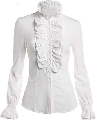 Generic Women Vintage Victorian Button Down Shirts Stand Collar Frilly Ruffle Gothic Blouses Retro Flared Sleeve Tops Women Renaissance Tops Carnival