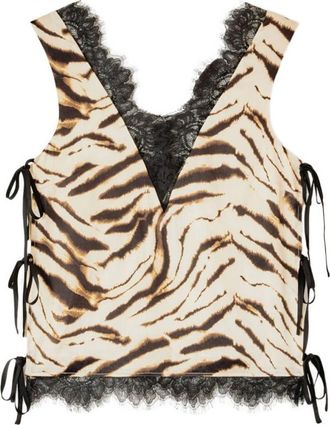 Ganni Beige Animal Print V Neck Top