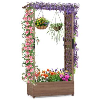 Costway Costway Raised Garden Bed Fir Wood Planter Box with Hanging Roof in Brown