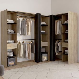 IDMarket Marlon 230 X 140 X 180 Cm Armario Rinconero De Haya Con Armarios + Estantes + Cortinas Negras