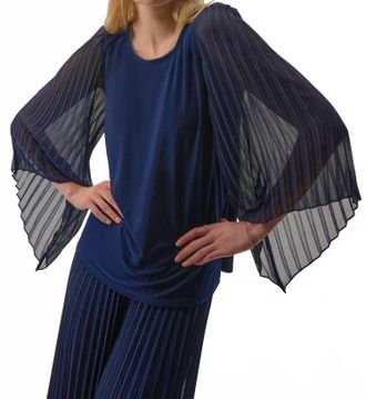 Joseph Ribkoff Scoop Neck Long Pleated Sleeves Top In Midnight Blue