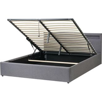 Beliani Letto matrimoniale in tedduto grigio scuro con LED 160 x 200 cm con contenitore e ottomana Armelle