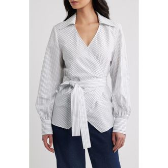 BOSS Bekania Stripe Cotton Wrap Top in Artic Ice at Nordstrom, Size 12