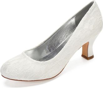 Generic Wedding Shoes Womens Bridal Lace Kitten Heel Round Toe Low Heels Ankle Strap Dress Evening Party Pumps 6.5Cm,Ivory,3 UK