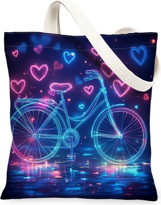 Generic Neon Bike Canvas Tote Bags, Heart Pattern Lightweight Reusable Shopping Bags, Romantic Vintage Stylish Washable Shoulder Strap Canvas for Travel Outdo