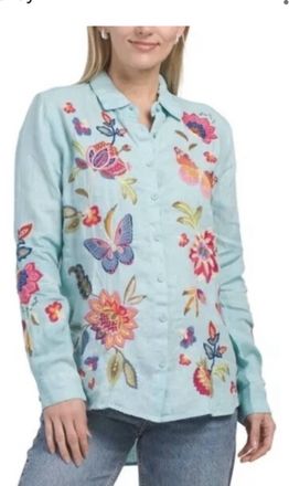 Johnny Was Gracey Linen Oversized Shirt In Blue