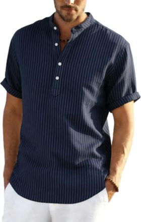 Generic Linen Shirts Men Short Sleeve Summer Beach Hawaiian Shirts With Pockets Fashion Grandad Collar Collarless Henley Tshirts Men Uk Button V Neck Cotton L