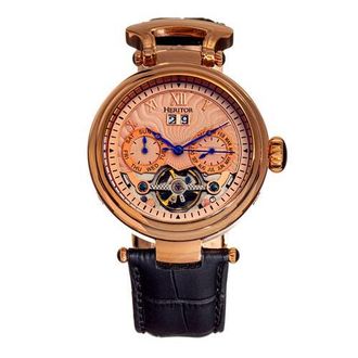 Heritor Ganzi Semi-Skeleton Leather-Band Watch in Rose Gold at Nordstrom