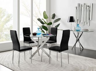 Furniturebox Novara 100cm Round Dining Table & 4 Velvet Milan Chairs in Black