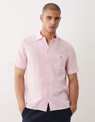 Polo Ralph Lauren Camicia a maniche corte in seersucker lino rosa con logo