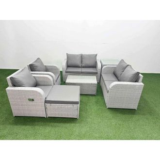 Fimous 7 Seater Outdoor Reclining Chair Love Sofa Set Rattan Garden Furniture Set with Rectangular Coffee Table Footstool Side Table Light Grey - Fimous