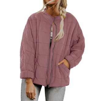 Generic Womens Lightweight Quilted Jackets Long Sleeve Solid Color Coat Winter Warm Padded Down Warm Puffer Coat Stand Neck Drop Shoulder with Pockets Fashion