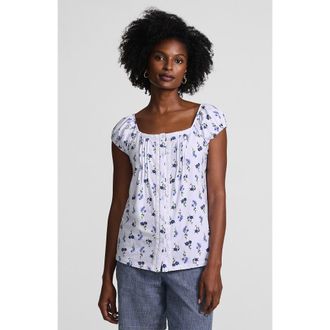 Lands End Sleeveless Lightweight Jersey Pintuck Button Front Blouse in White/clear Blue Sky Flowers at Nordstrom, Size X-Large