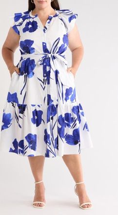 Sugarlips Neli Charlotte Floral Button-Up Tiered Midi Dress in White Cobalt at Nordstrom, Size 1X