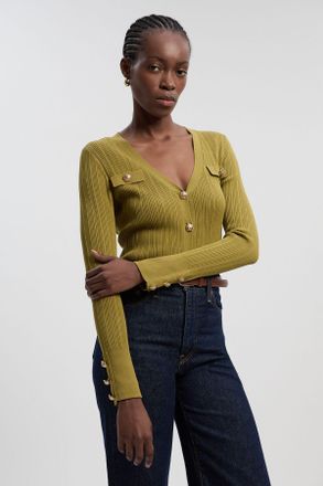 Karen Millen Womens Viscose Blend Dry Handle Rib Military Trim Cardigan - Khaki Polyamide - Size X-Small