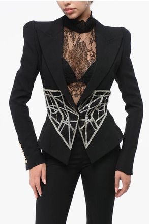 Balmain Jewel Detailed Slim Fit Blazer with Padded Shoulders size 44