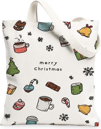 Generic Christmas Food Canvas Tote Bags, Fanciful Treats Pattern Reusable Grocery Bags, Vintage Holiday Lightweight Washable Should, White, 13x15 Inch